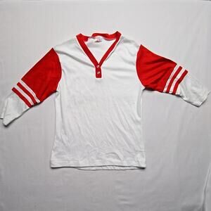 Vintage Le Riche Blank Henley Shirt Red White Striped Long Sleeve Womens L Tee